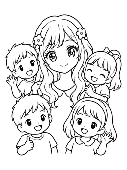 Free printable Anime Girl Surrounded By Cheerful Children coloring page