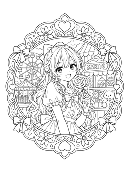 A cheerful anime girl coloring page featuring a swirl lollipop, sweet shop, and carnival rides.