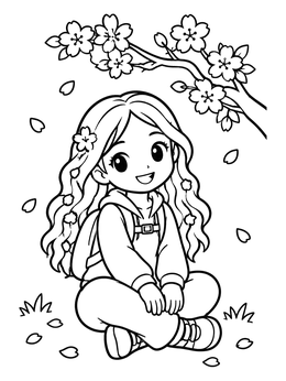 Happy anime girl coloring page sitting under blooming cherry blossom branches.