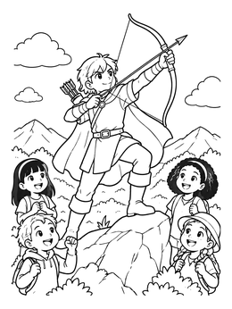 An anime girl warrior coloring page showing a brave archer on a rock aiming her bow as kids watch.