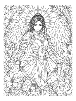An anime girl warrior coloring page showing an armored angel holding twin daggers among flowers.
