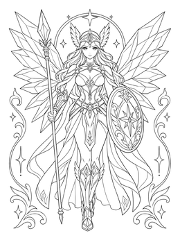 An anime girl warrior coloring page showing a winged celestial maiden with spear and shield.