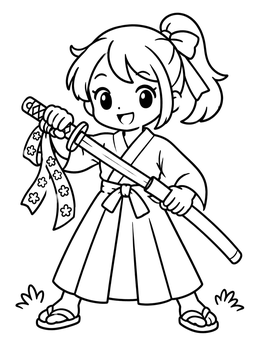 Free printable Cute Samurai Girl With Katana coloring page