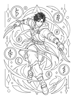 An anime girl warrior coloring page showing a hooded rogue wielding dual daggers amidst floating runic symbols.