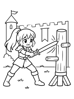 Free printable Young Girl Warrior Training With Wooden Dummy coloring page