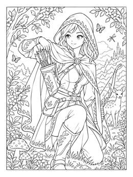 An anime girl warrior coloring page showing a hooded ranger kneeling in the woods with her bow and quiver.