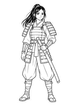 An anime girl warrior coloring page featuring a young samurai in traditional lamellar armor with a sword.