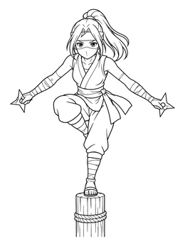 An anime girl warrior coloring page of a masked ninja balancing on a post with shuriken.