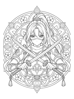 An anime girl warrior coloring page showing a masked ninja holding crossed swords against a mandala.
