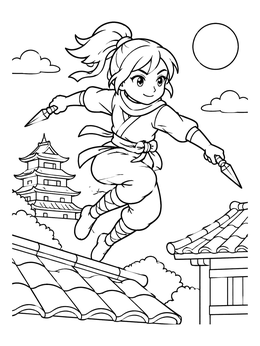 Free printable Ninja Girl Leaping Across Rooftops coloring page