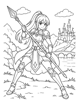 Free printable Anime Heroine Guarding Castle With Spear coloring page