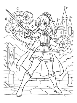 An anime girl warrior coloring page showing a spellblade wielding magic circles before a fairy tale castle.