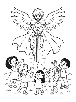 Free printable Winged Guardian Knight And Happy Children coloring page