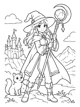 An anime girl warrior coloring page of a young mage holding a crystal staff beside her cat.