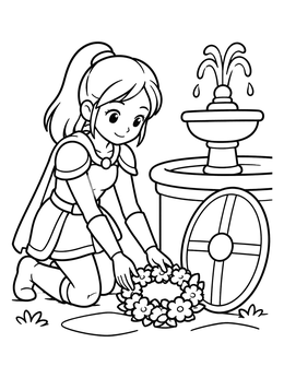 Free printable Young Warrior Kneeling By Fountain coloring page