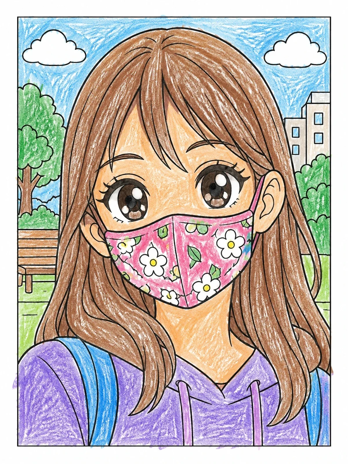 Colored example of the Anime Girl Wearing Floral Face Mask coloring page