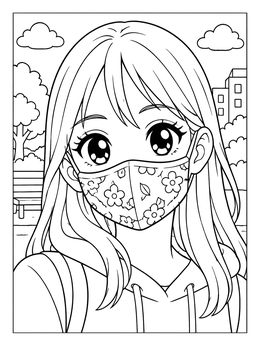 An anime eyes coloring page featuring a cute girl wearing a floral mask in an outdoor park setting.