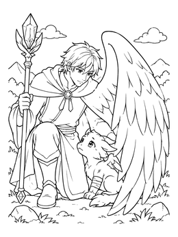 An angel anime coloring page showing a guardian sheltering a winged creature with staff and wing.