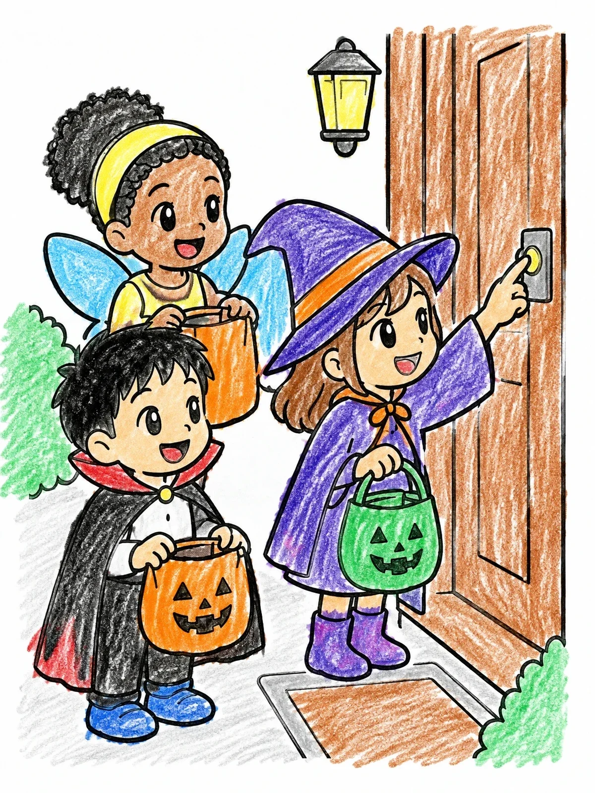 Colored example of the Trick Or Treat At The Door coloring page