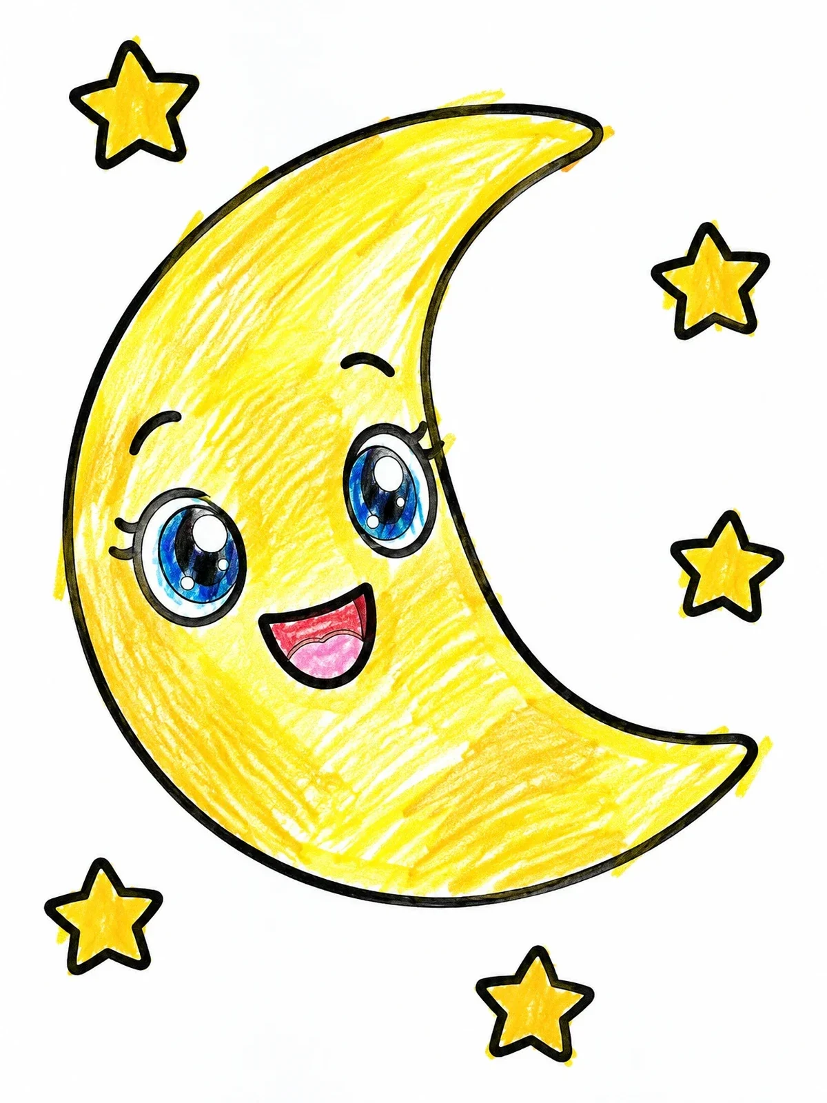 Colored example of the Cute Smiling Crescent Moon And Stars coloring page