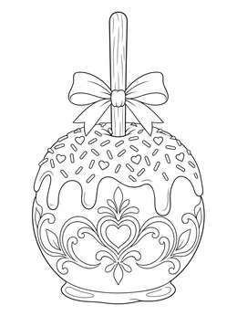 A decorative caramel apple with bow in an anime halloween coloring page style.