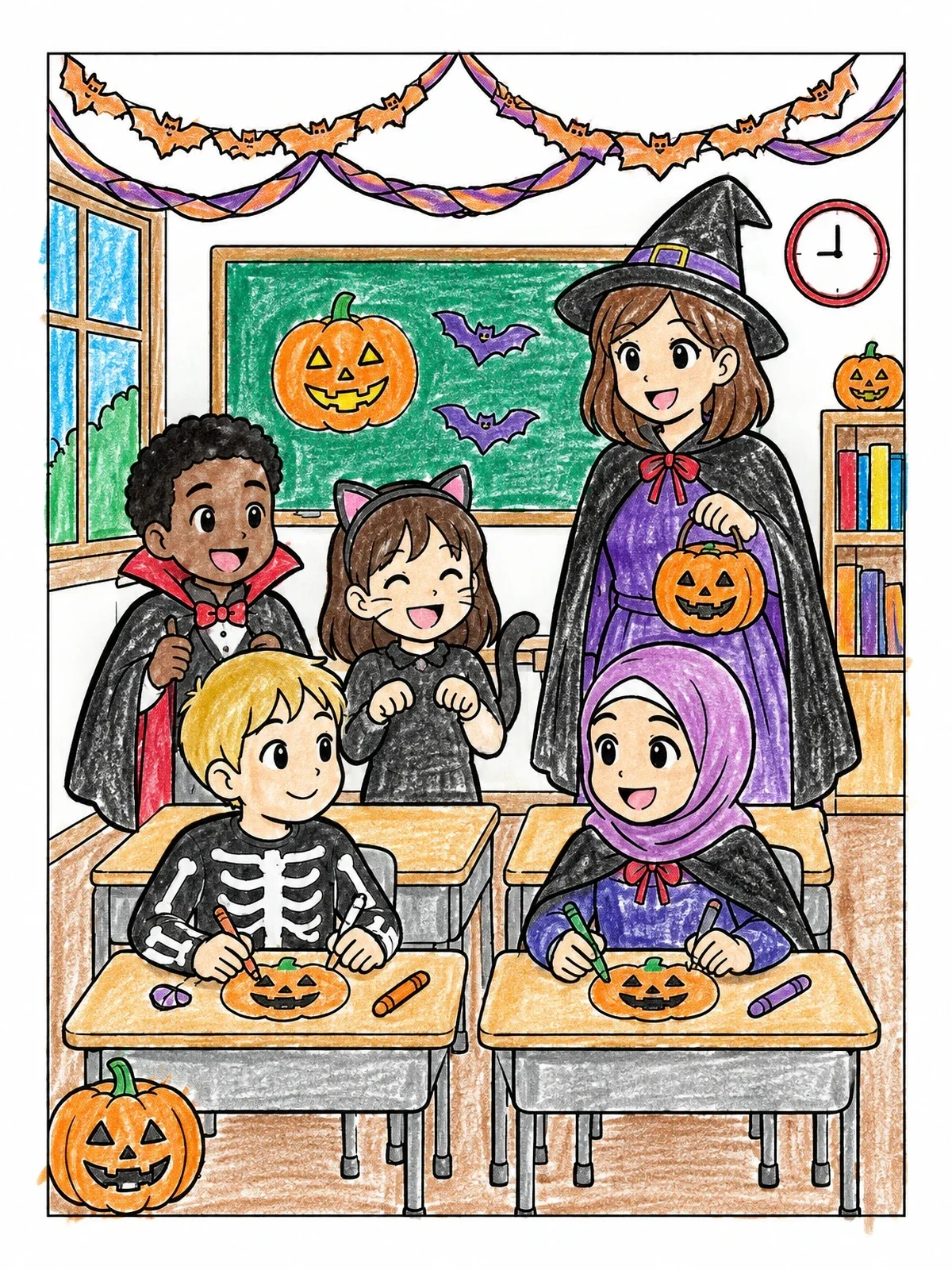Colored example of the Halloween Classroom Party With Costumed Kids coloring page