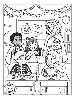 Free printable Halloween Classroom Party With Costumed Kids coloring page