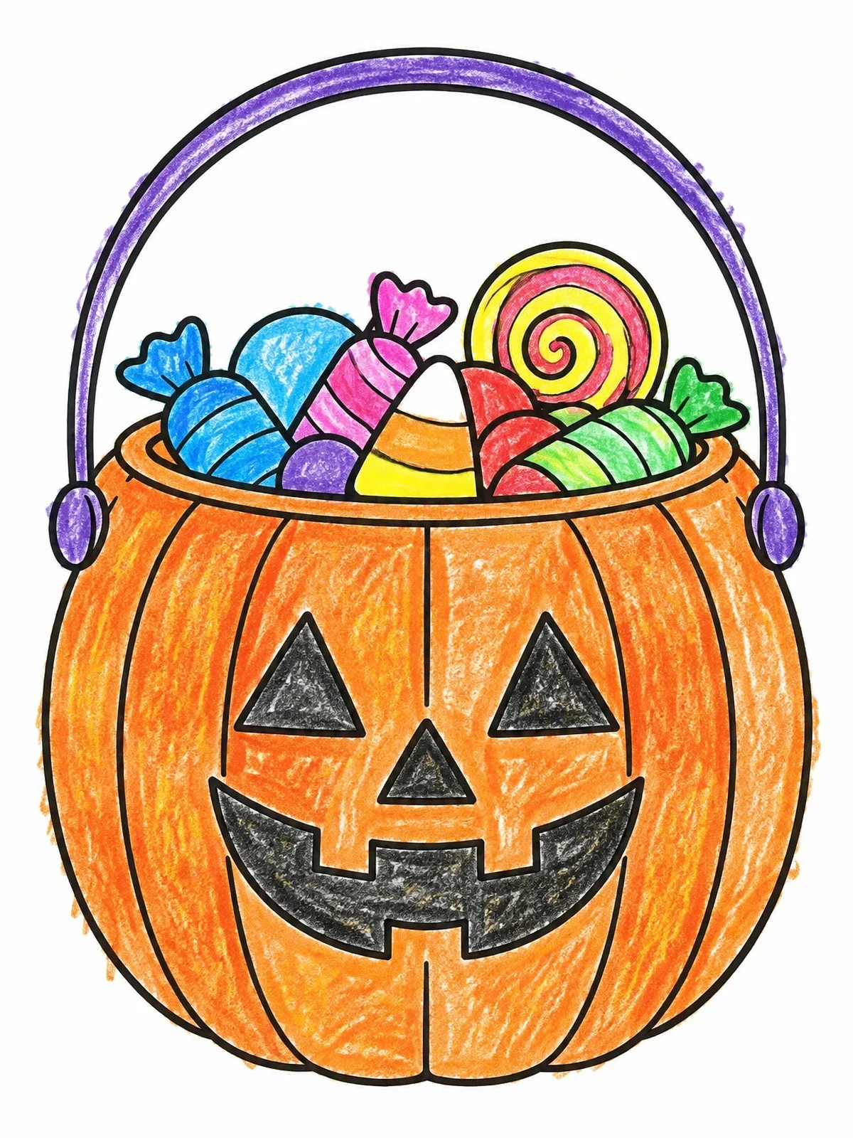 Colored example of the Pumpkin Trick Or Treat Candy Bucket coloring page