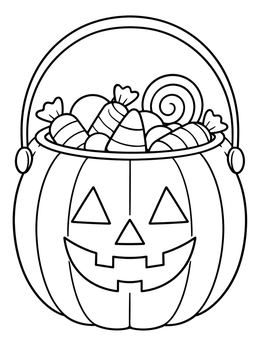 An anime halloween coloring page of a smiling pumpkin bucket overflowing with sweets and lollipops.