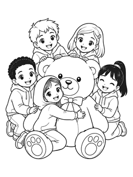 A sweet anime girl coloring page featuring cheerful kids gathered around a giant plush teddy bear.