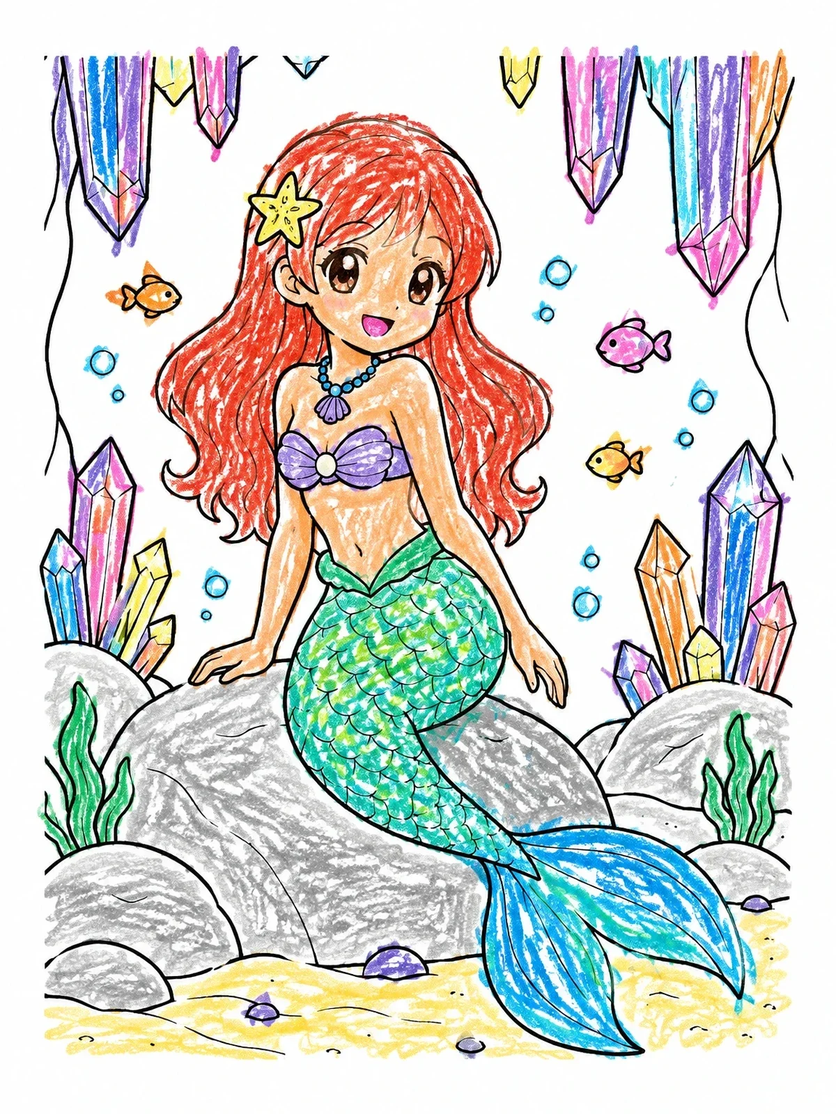Colored example of the Anime Mermaid In Crystal Cavern coloring page