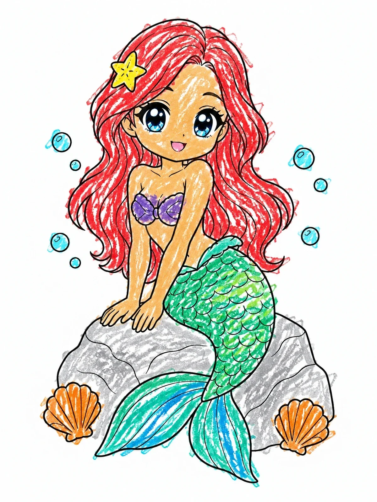 Colored example of the Cute Chibi Mermaid On A Rock coloring page