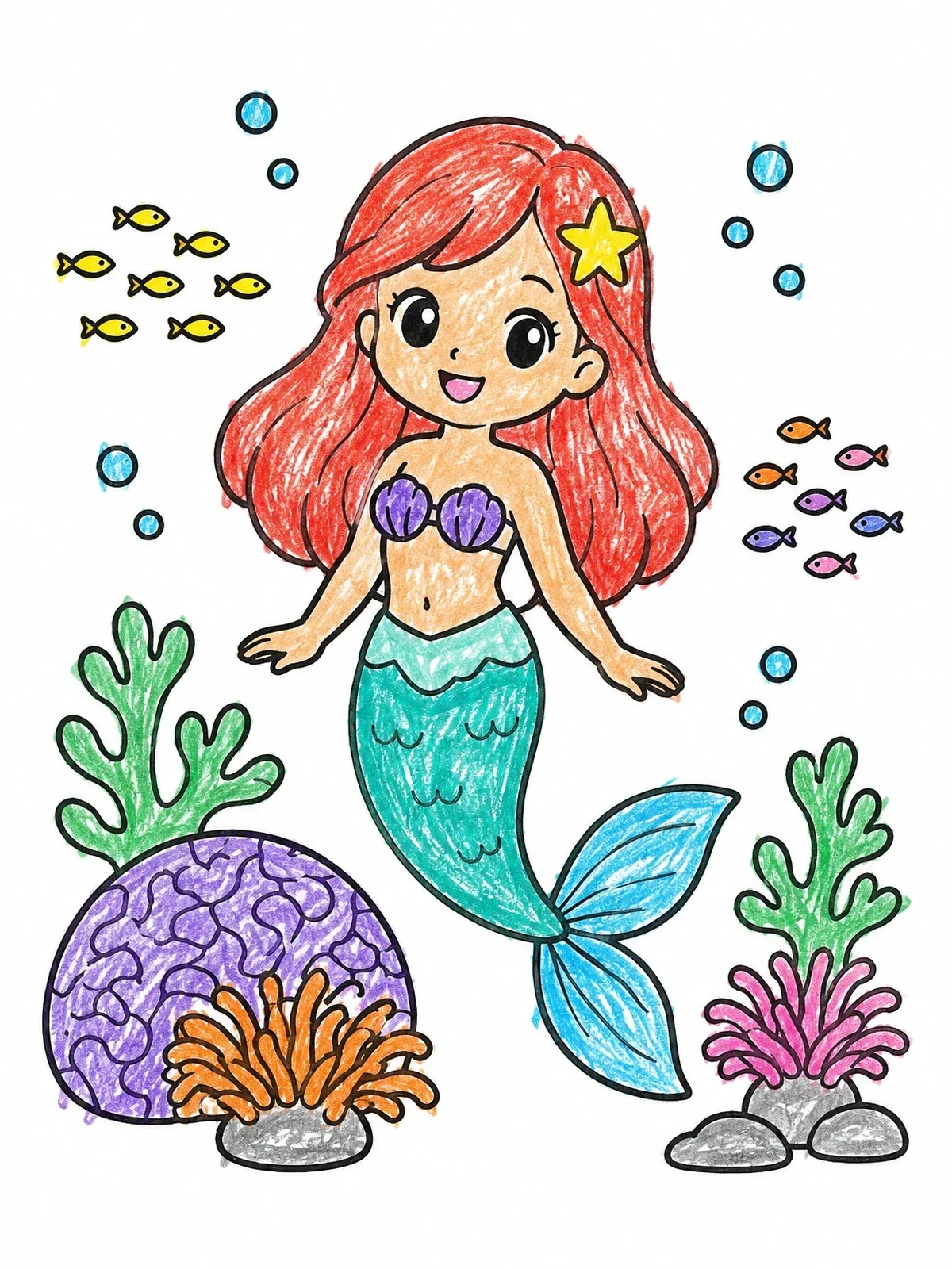 Colored example of the Cute Mermaid At Coral Reef coloring page
