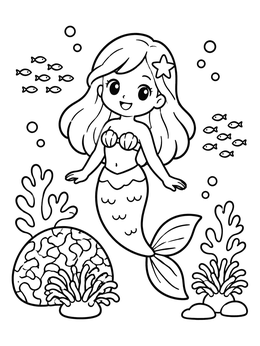 Free printable Cute Mermaid At Coral Reef coloring page