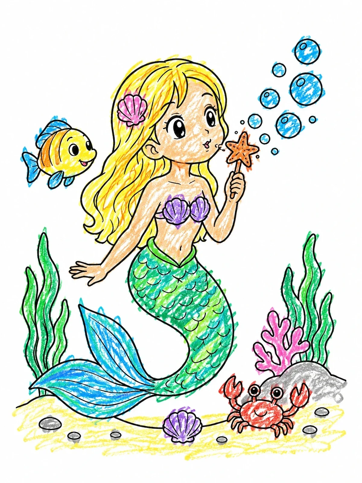 Colored example of the Cute Mermaid Blowing Starfish Bubbles coloring page