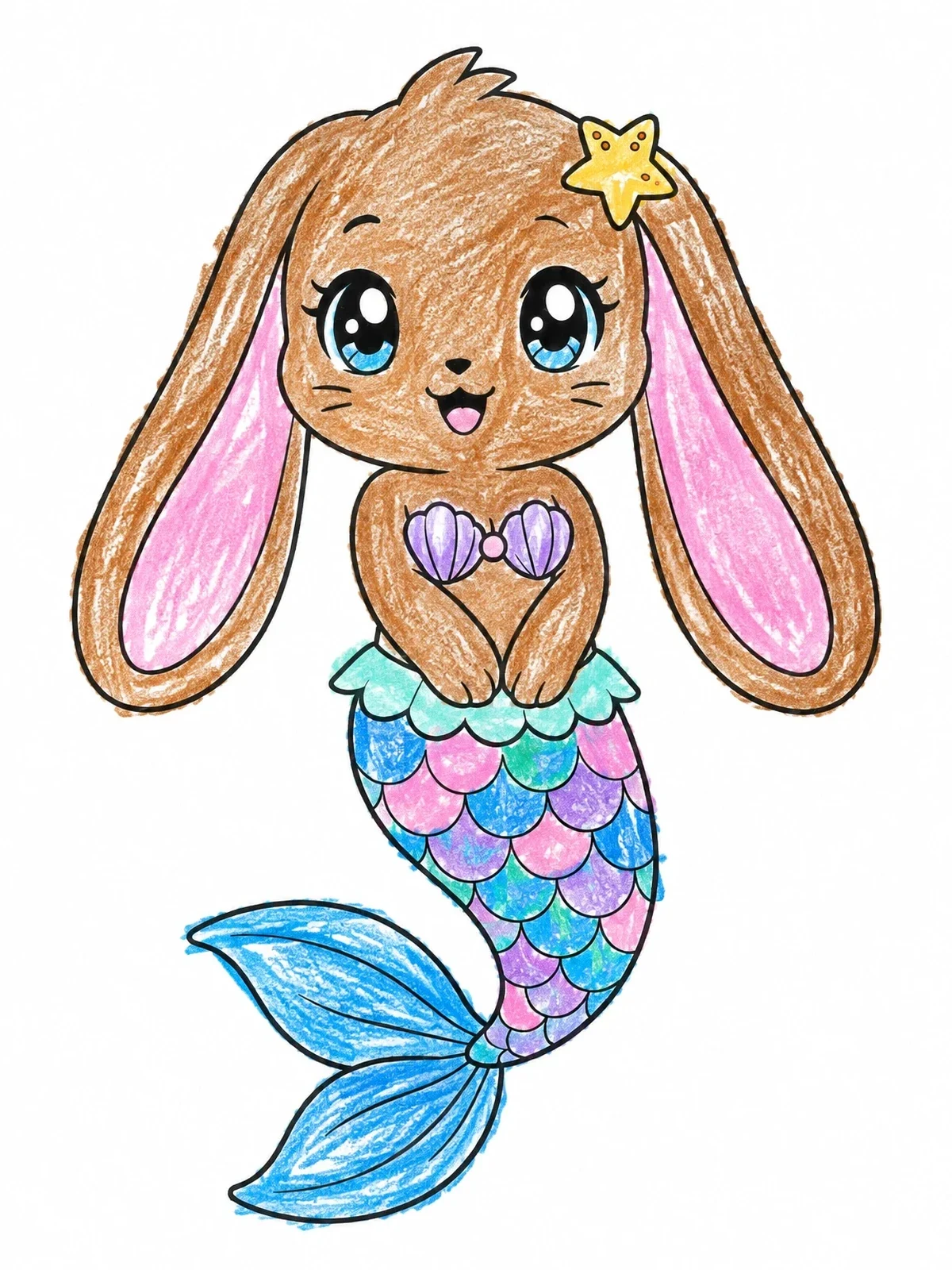 Colored example of the Cute Mermaid Bunny With Fishtail coloring page