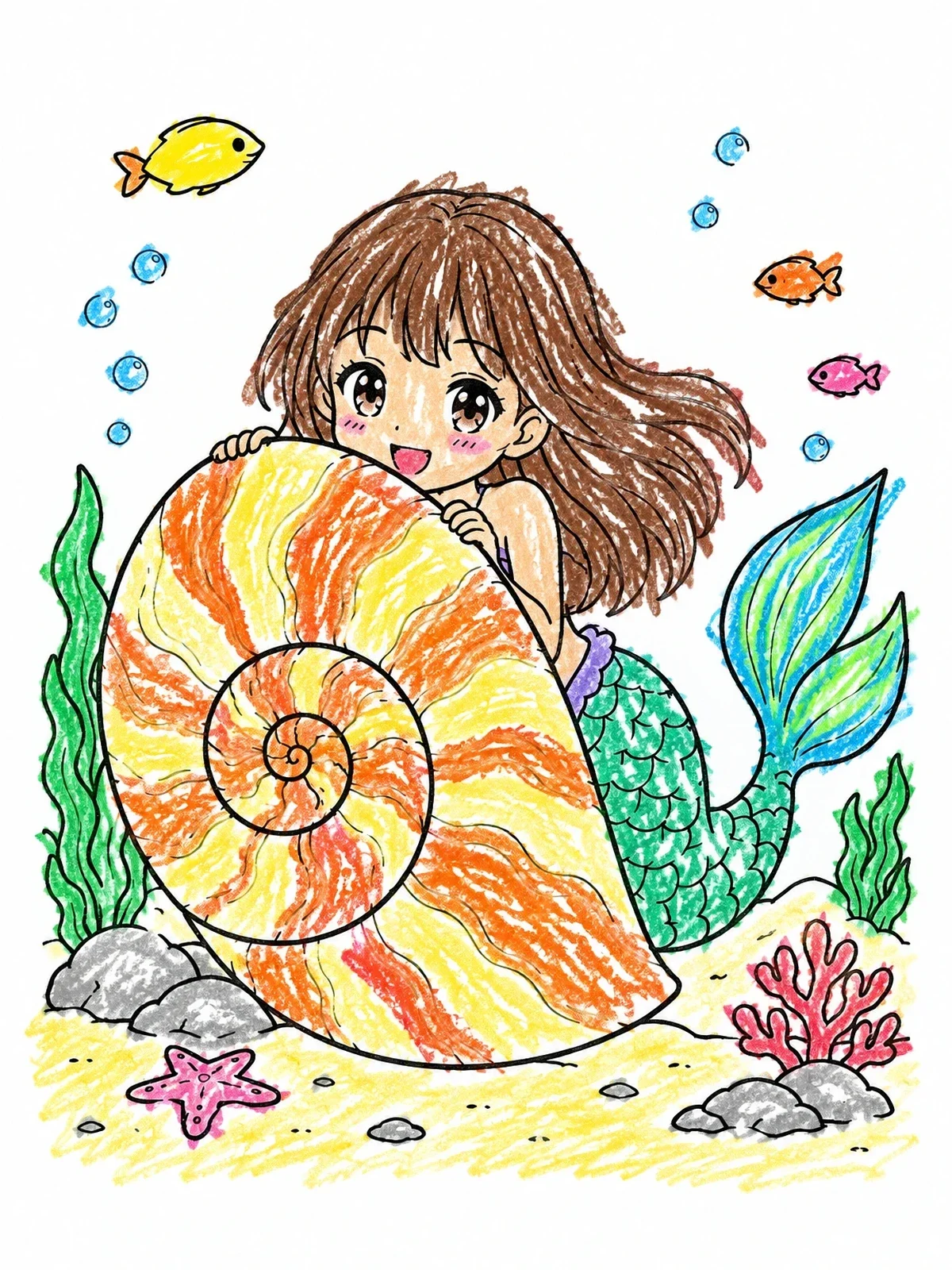 Colored example of the Cute Mermaid Hiding Behind Nautilus Shell coloring page