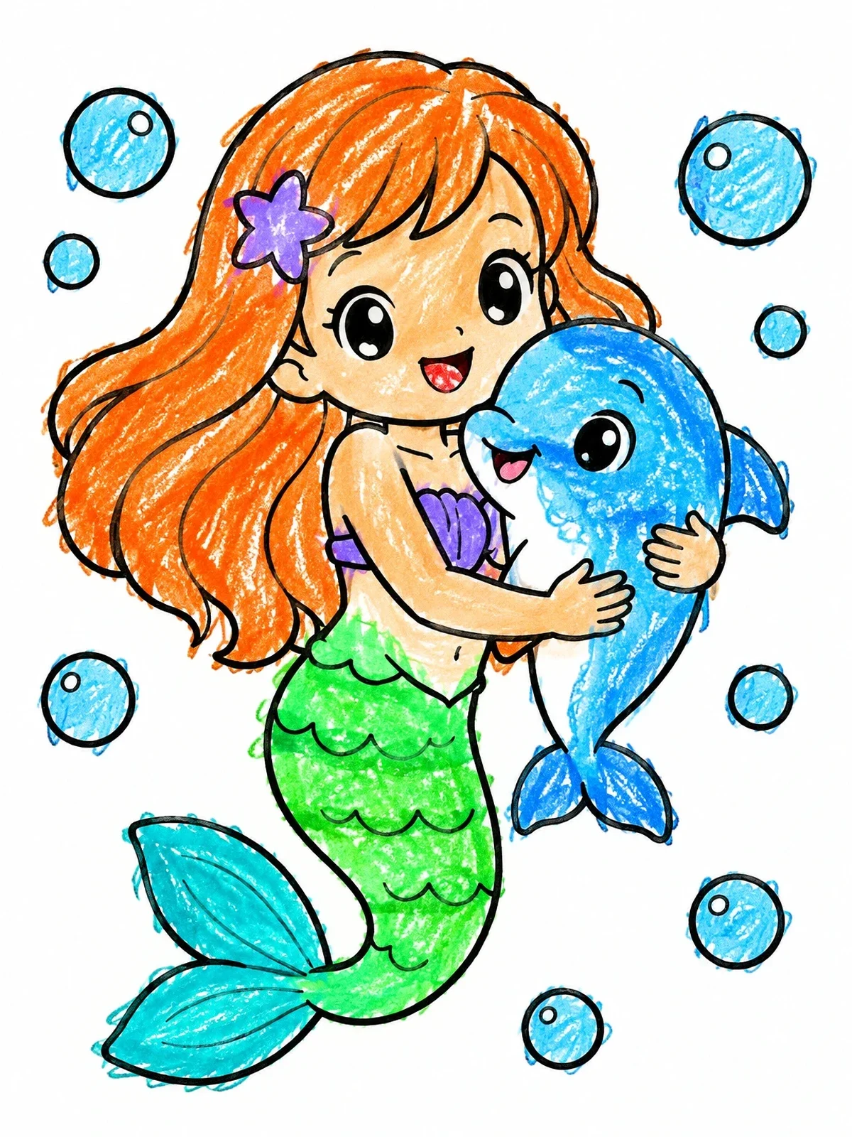 Colored example of the Cute Mermaid Hugging A Baby Dolphin coloring page