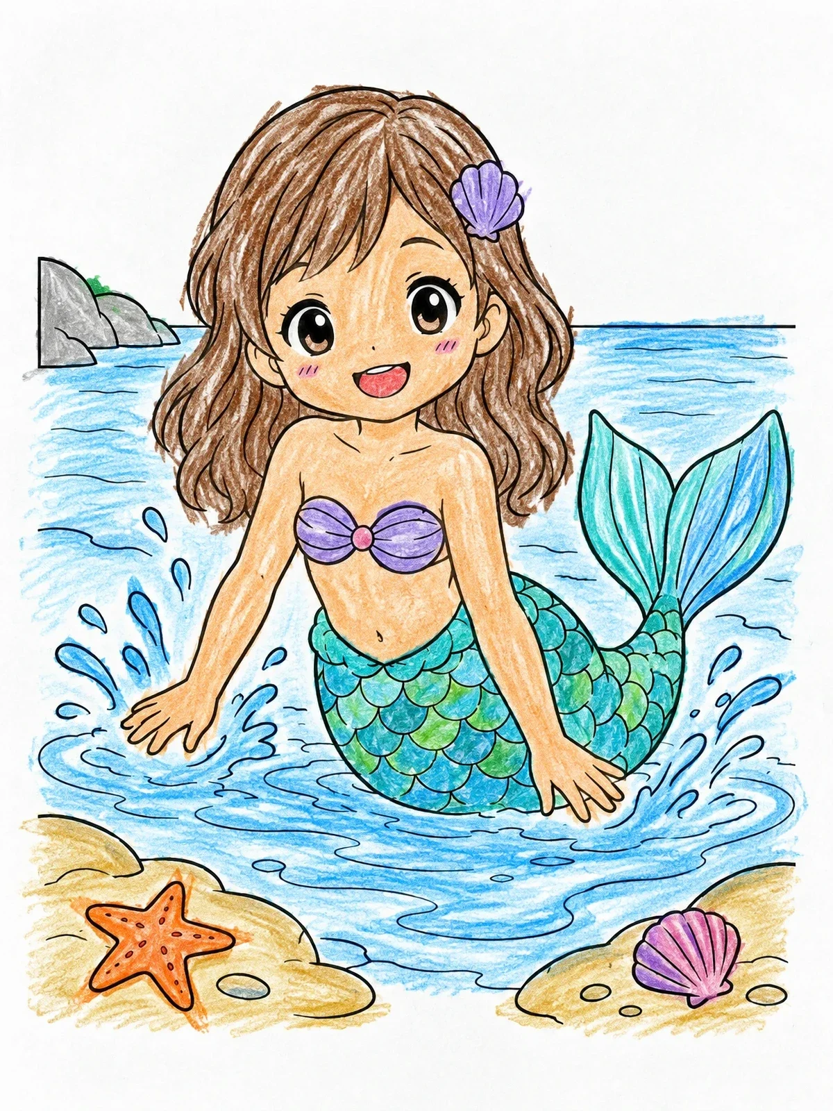 Colored example of the Cute Toddler Mermaid Splashing In Tide coloring page