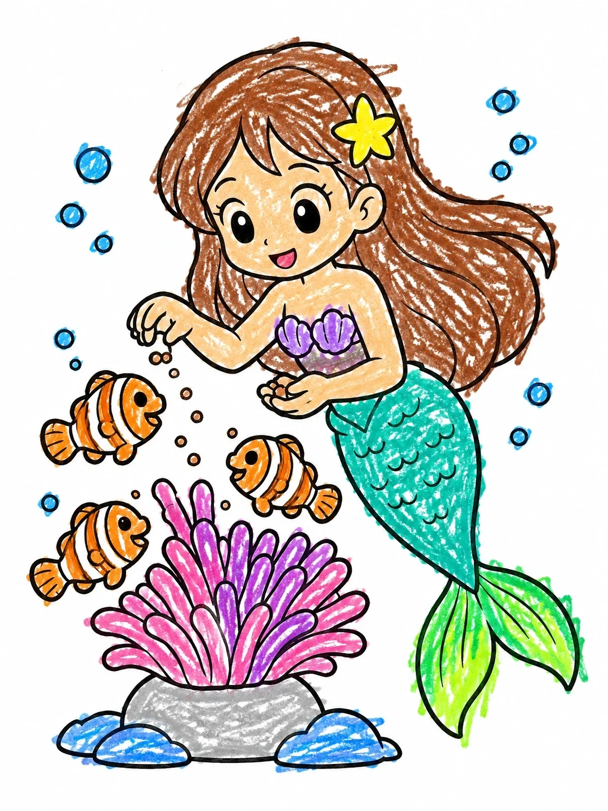 Colored example of the Little Mermaid Feeding Clownfish coloring page