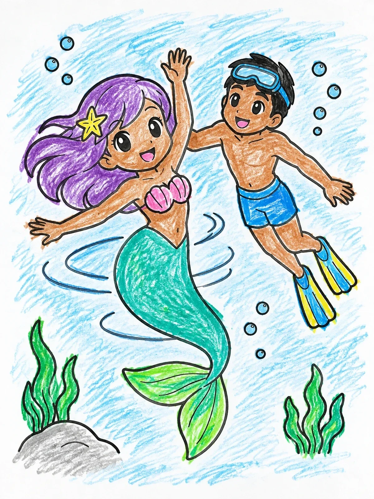 Colored example of the Mermaid And Snorkeler Swimming Together coloring page