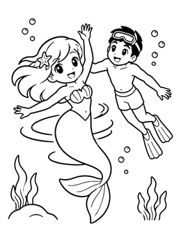 Free printable Mermaid And Snorkeler Swimming Together coloring page