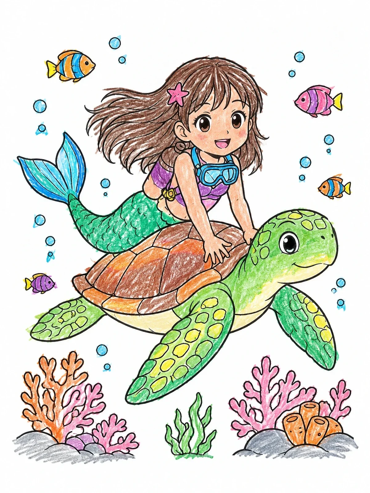 Colored example of the Mermaid Girl Riding Sea Turtle coloring page