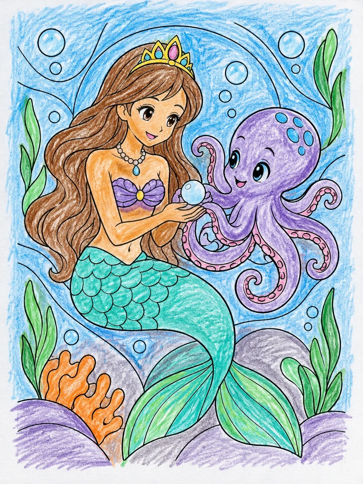 Colored example of the Mermaid Princess With Cute Octopus coloring page