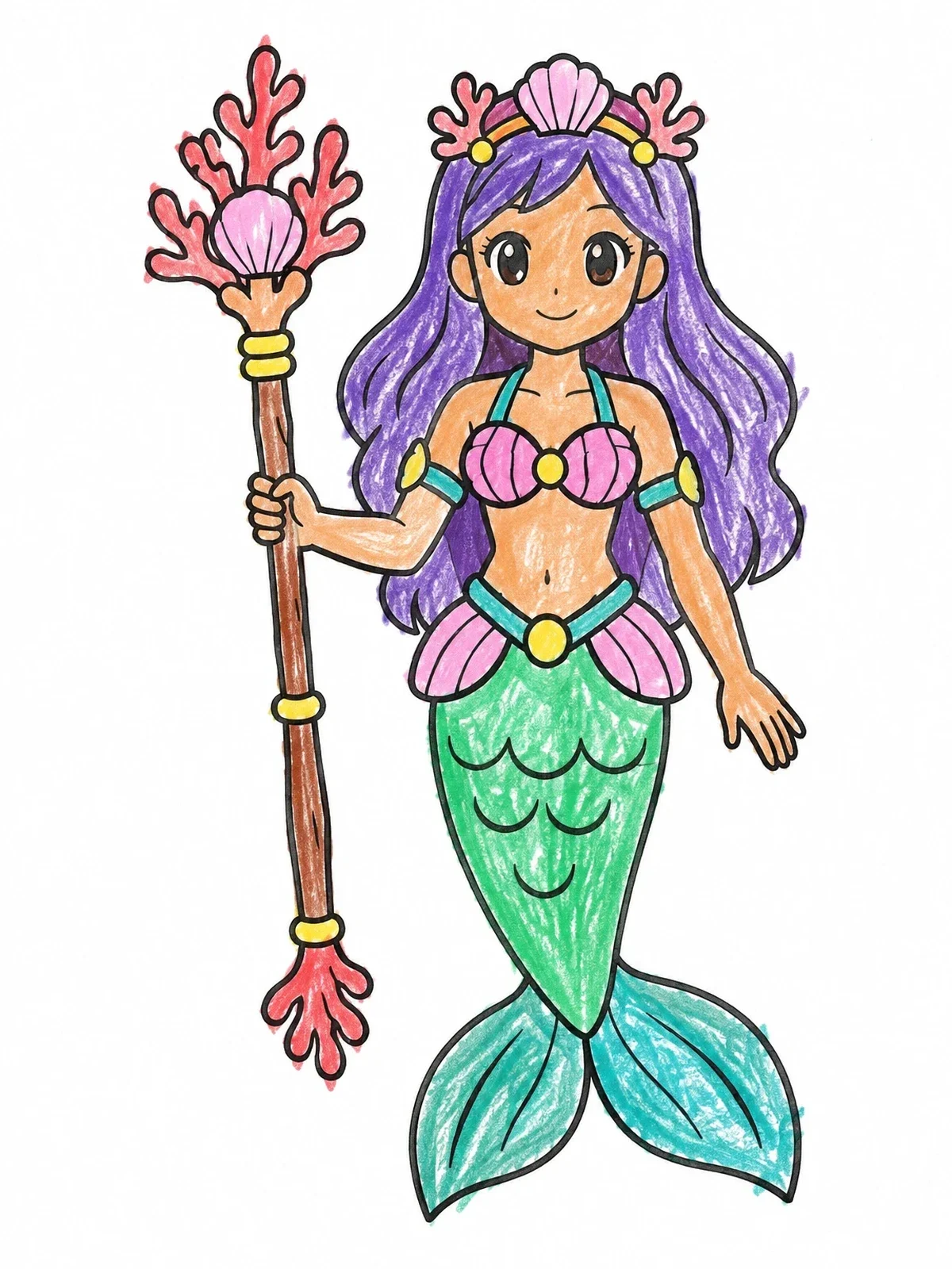 Colored example of the Mermaid Princess With Coral Staff coloring page
