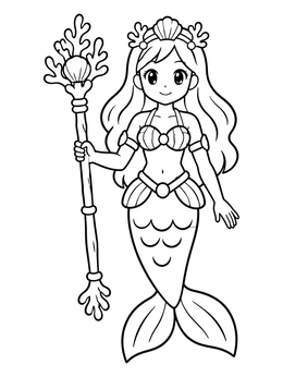Free printable Mermaid Princess With Coral Staff coloring page