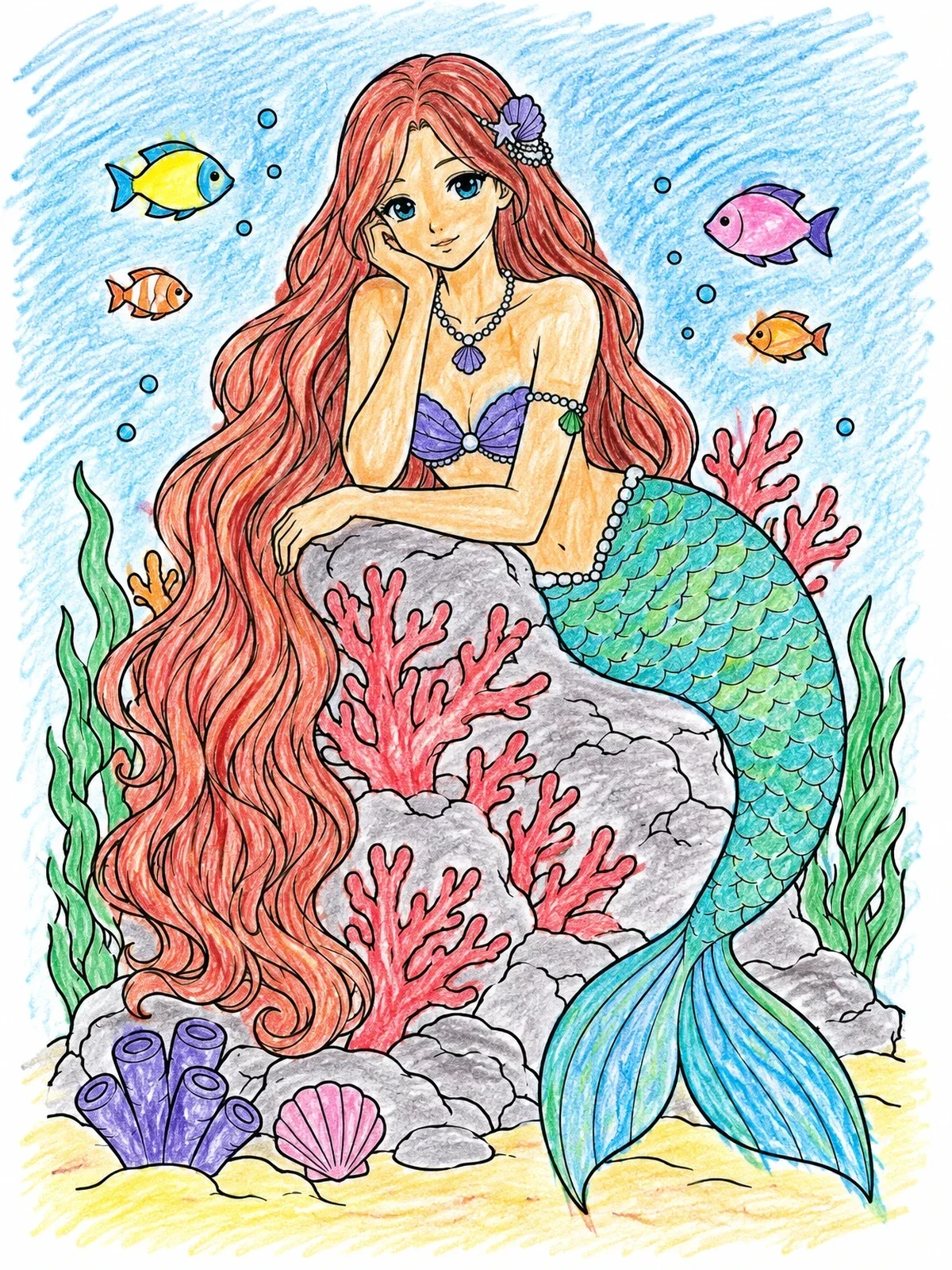 Colored example of the Mermaid Resting On Coral Reef coloring page