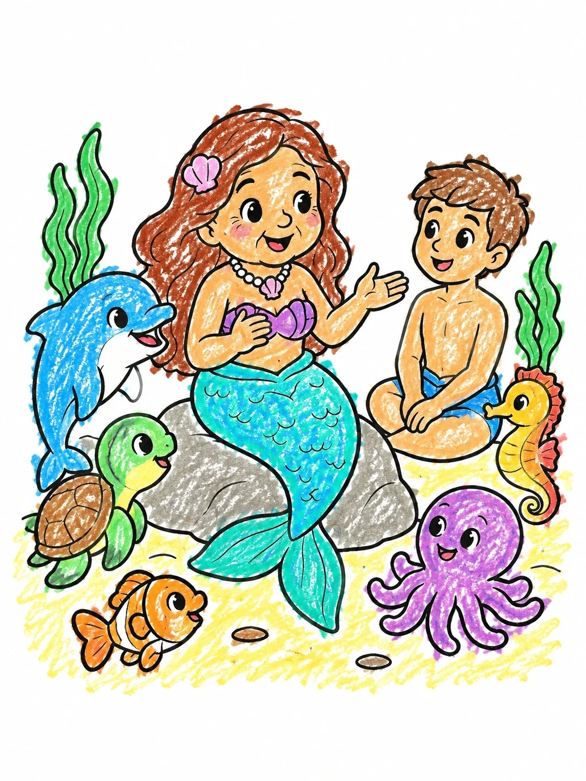 Colored example of the Mermaid Storyteller Under The Sea coloring page