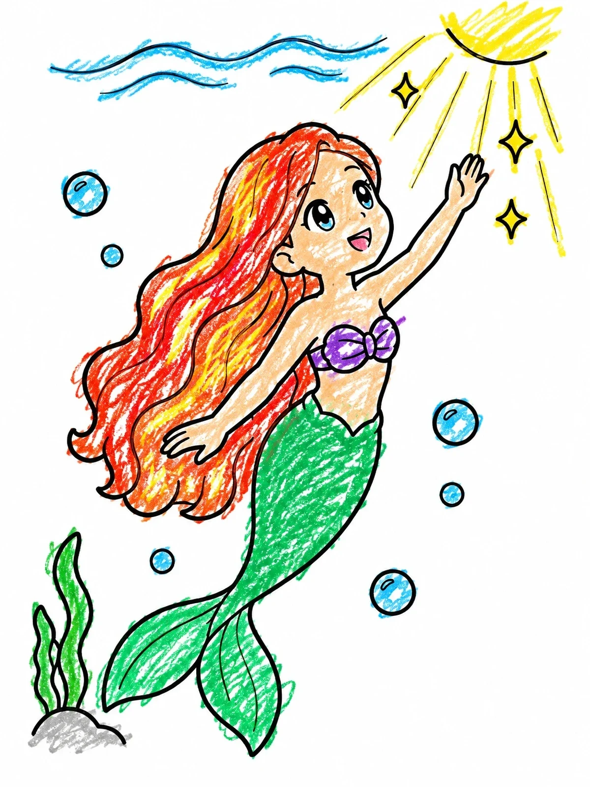 Colored example of the Mermaid Swimming Toward The Sun coloring page