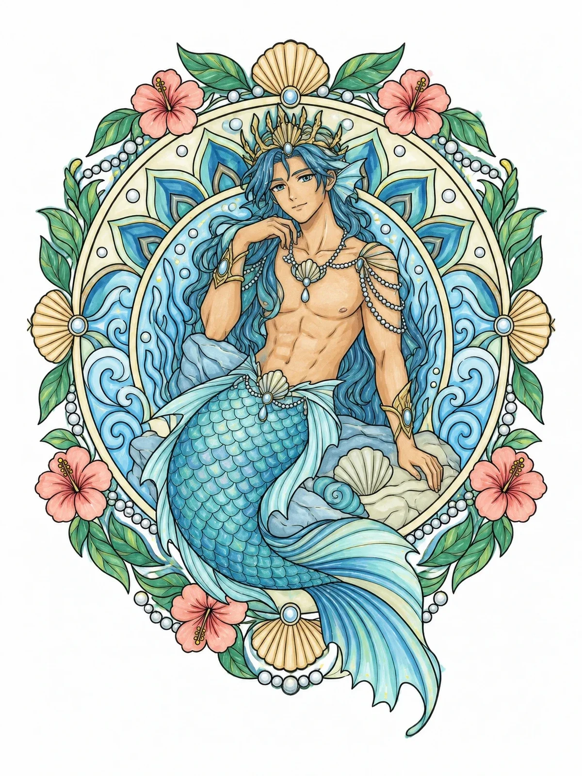 Colored example of the Merman Prince In Floral Frame coloring page